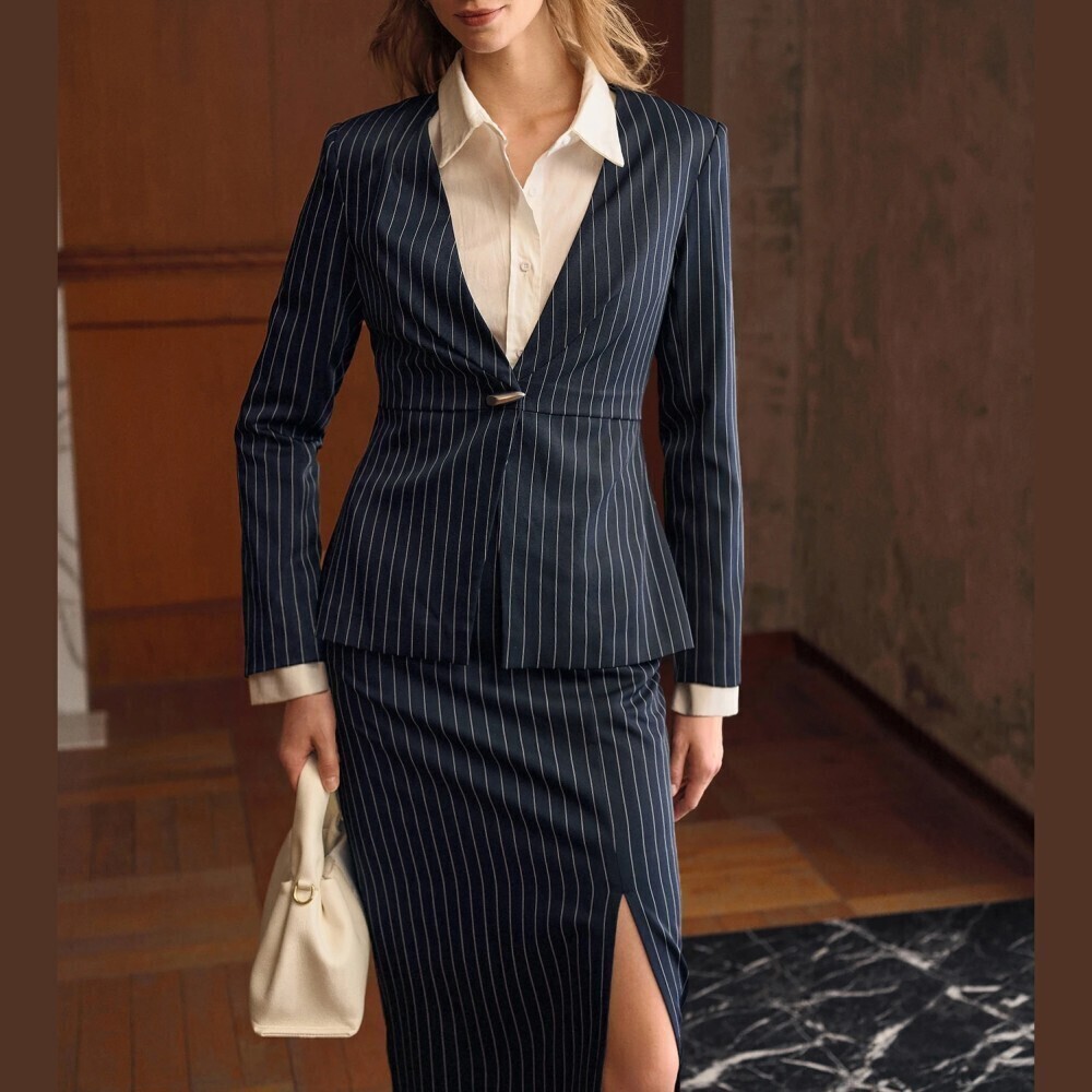Navy Pinstripe Deep V Neck Single Button Fitted Peplum Blazer